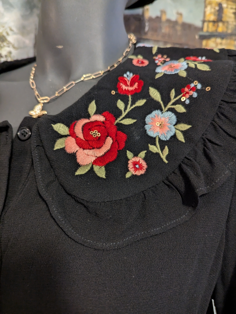 Black Embroidered Floral Collar Button-Front Peplum Blouse